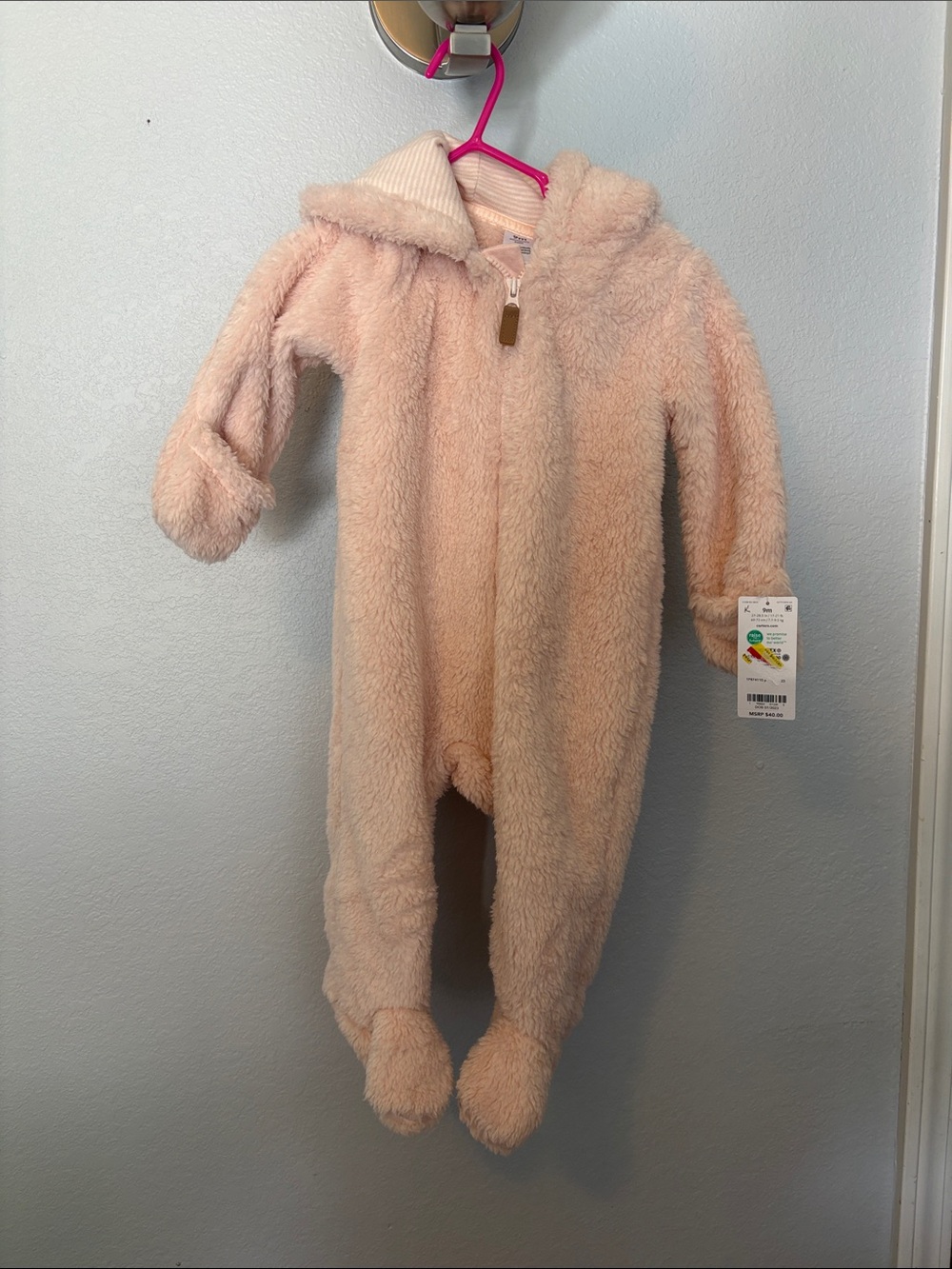 Carter's Plush Hooded Footed One-Piece in Light Pink